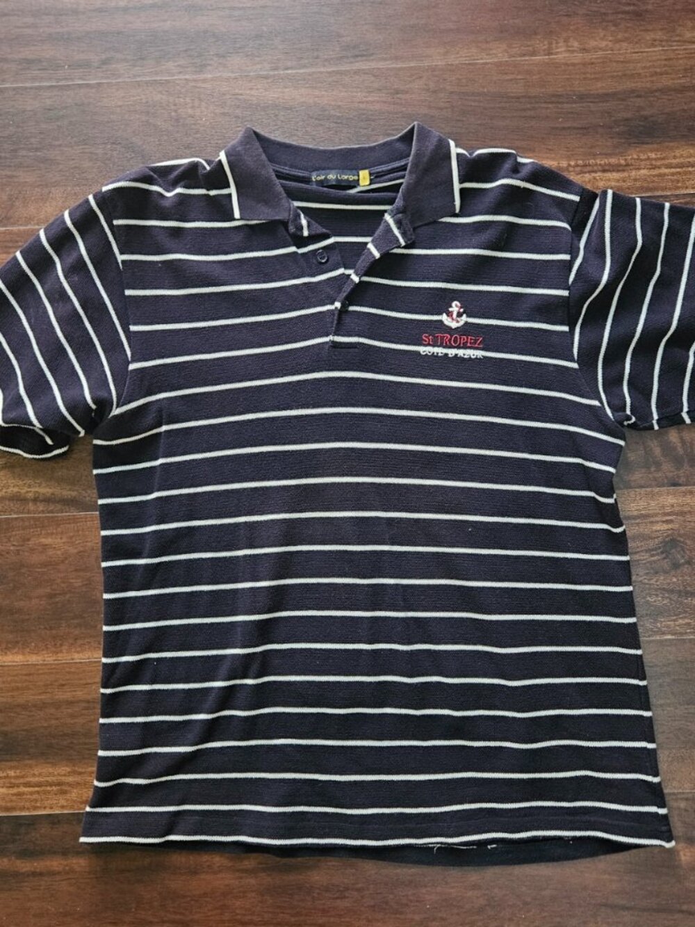 St Tropez Shirt Men's Large Navy White Polo with Anchor Patch Yachting Preppy